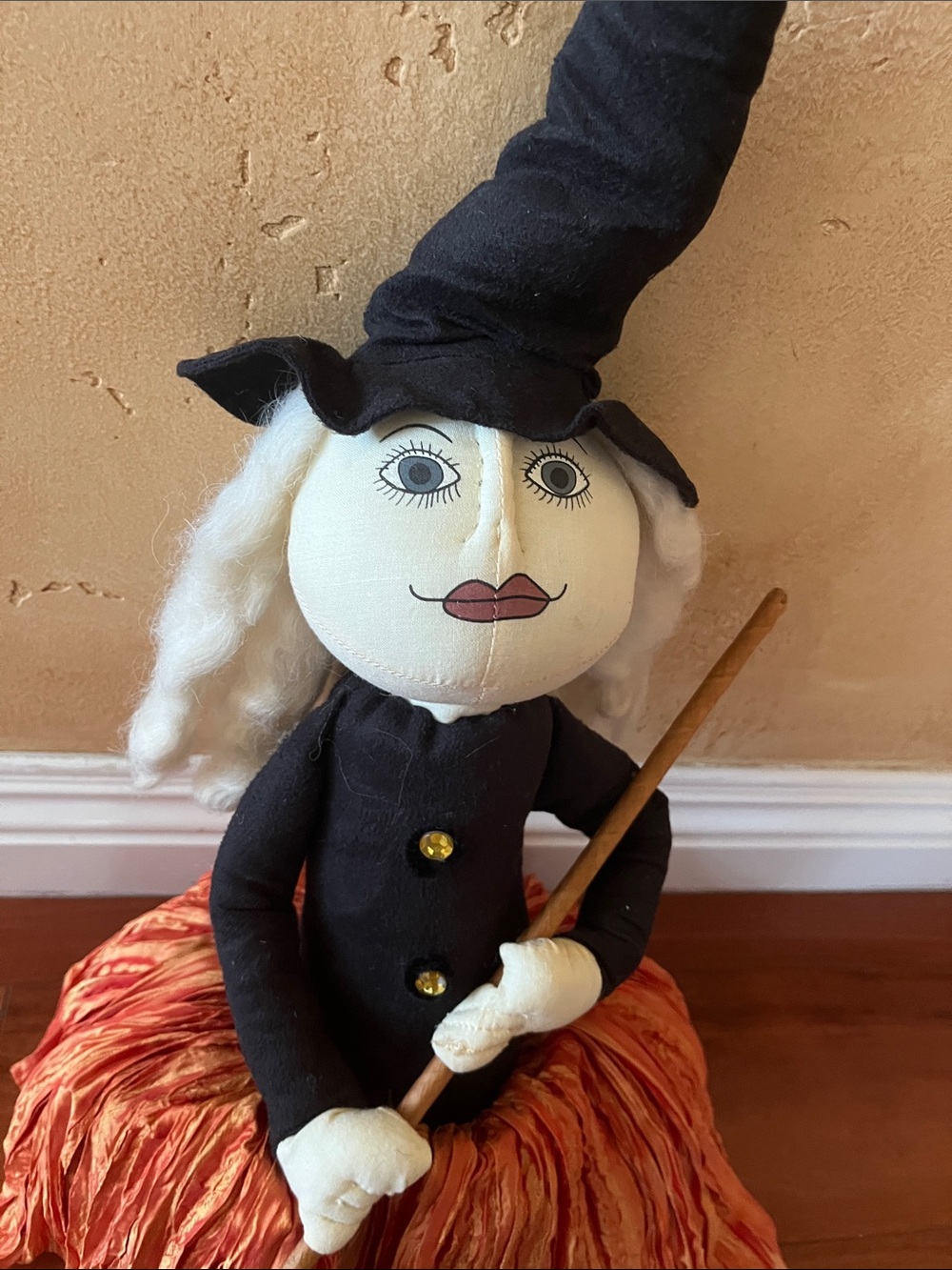 Black and Orange Witch Doll Home Accent with Cream Face